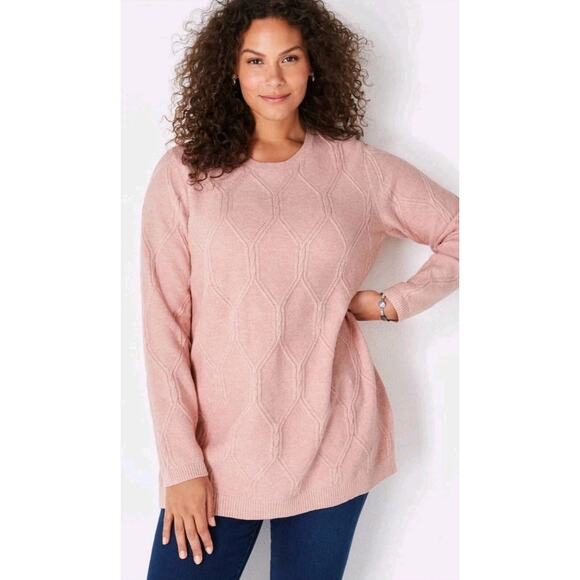 J. Jill Pink Perfect Cabled Crew-Neck Tunic Sweater Sz XL Pink Heather Preppy - Picture 1 of 7